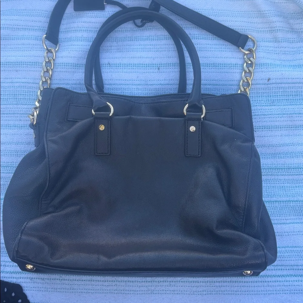 Michael Kors Hamilton Black Leather Tote with Gold-Tone Accents